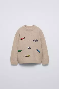 Вязаный свитер с вышитыми машинками ZARA, светло-бежевый