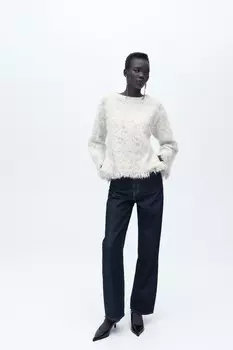 Вязаный свитер с вышивкой и бахромой ZARA, экрю