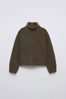 Вязаный свитер с высоким воротом ZARA, коричневый/серо-коричневый