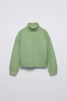 Вязаный свитер с высоким воротом ZARA, светло-зеленый