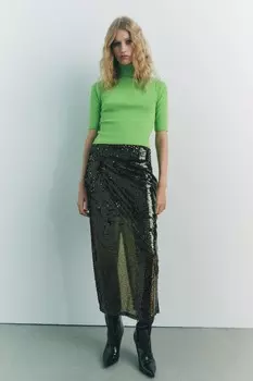 Вязаный свитер с высоким воротом ZARA, зеленый