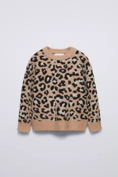 Вязаный свитер с животным принтом ZARA, кэмел