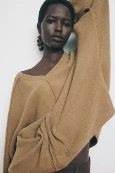 Вязаный свитер с золотой аппликацией ZARA, коричневый мергель