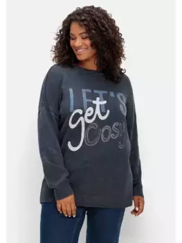 Вязаный свитер Sheego "Большие размеры" с надписью интарсия и кашемировым наполнением, синий