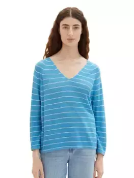 Вязаный свитер TOM TAILOR из высококачественного льна, цвет Blue Off-White Stripe