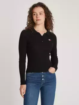 Вязаный свитер Tommy Jeans "TJW COLLAR BADGE RIB SWEATER", с логотипом, в рубчик, черный