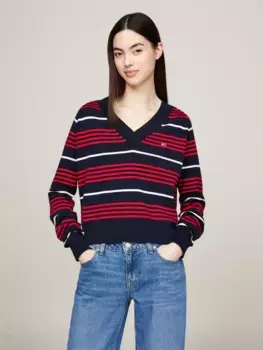 Вязаный свитер Tommy Jeans "TJW V-NECK STRIPE SWEATER" в полоску, синий