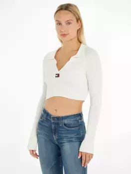 Вязаный свитер Tommy Jeans "TJW XS BADGE RIB COLLAR SWEATER", с V-образным вырезом, белый