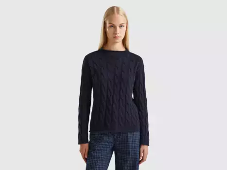 Вязаный свитер United Colors of Benetton узором косички, цвет морской волны