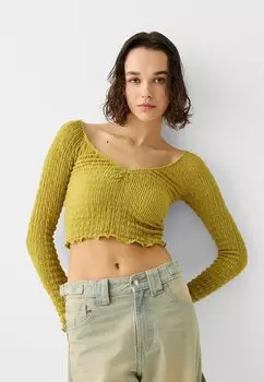 Вязаный свитер V-NECK Bershka, цвет green