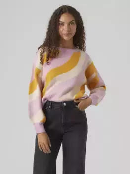 Вязаный свитер Vero Moda "VMLENA LS O-NECK PULLOVER GA BOO", цвет Pastel Lavender Stripes:W. Birch And Gold Fusion