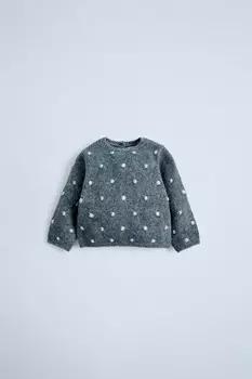 Вязаный свитер в горошек ZARA, сине-серый