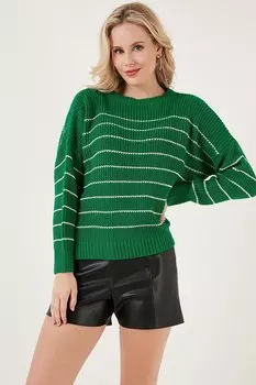 Вязаный свитер в полоску с длинной спинкой и круглым вырезом 4616133 Lela, сизый