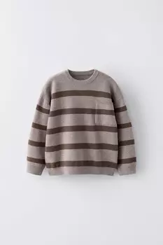 Вязаный свитер в полоску с карманом ZARA, коричневый/серо-коричневый