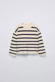 Вязаный свитер в полоску ZARA, экрю/темно-синий