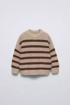 Вязаный свитер в полоску ZARA, бежево-коричневый