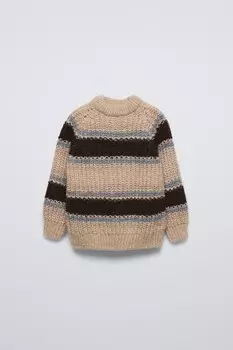 Вязаный свитер в полоску ZARA, светло-бежевый