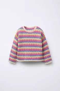 Вязаный свитер в разноцветную полоску ZARA, розовый