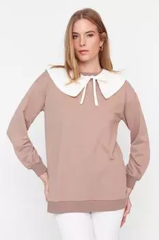 Вязаный свитшот из норки со съемным детским воротником Trendyol Modest, бежевый