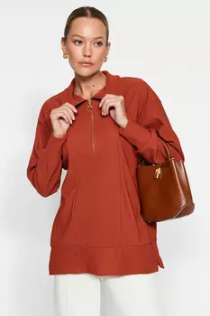 Вязаный свитшот с плиточной молнией Trendyol Modest, коричневый