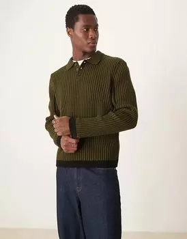 Вязаный свободный джемпер-поло с контрастной полосой цвета хаки ASOS DESIGN