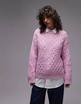 Вязаный свободный джемпер с объемной косой розового цвета Topshop