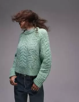 Вязаный свободный джемпер с узором «крюк» зеленого цвета Topshop