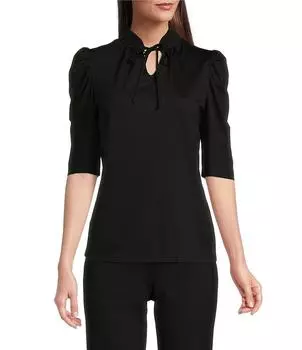 Вязаный топ Anne Klein Harmony с завязками на воротнике и короткими рукавами-буфами, черный
