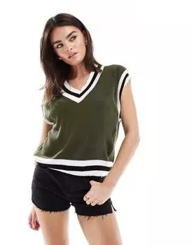 Вязаный топ без рукавов Mango Khaki с V-образным вырезом