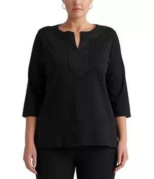 Вязаный топ больших размеров Lauren Ralph Lauren с круглым вырезом и рукавами 3/4 с тканой отделкой, черный