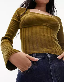 Вязаный топ цвета хаки с квадратным вырезом и длинными рукавами Topshop