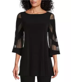 Вязаный топ IC Collection с вырезом «лодочка» и сетчатой вставкой с рукавами-колокольчиками, черный