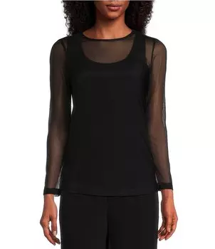 Вязаный топ из прозрачной сетки с круглым вырезом и рукавами 3/4 IC Collection, черный