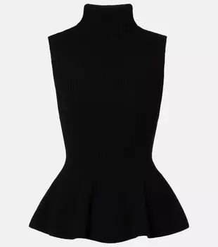 Вязаный топ из шерсти и кашемира с ребристой резинкой и баской Rhe, черный