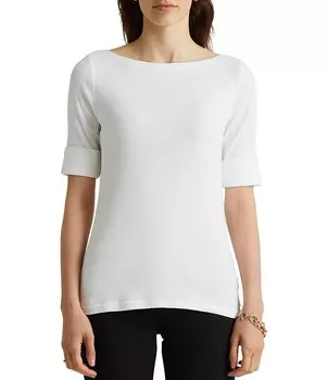 Вязаный топ из смеси хлопка с короткими рукавами и вырезом «лодочка» Lauren Ralph Lauren миниатюрного размера, белый