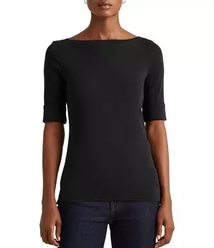 Вязаный топ из смеси хлопка с короткими рукавами и вырезом «лодочка» Lauren Ralph Lauren миниатюрного размера, черный