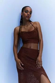 Вязаный топ крючком H&M, темно коричневый