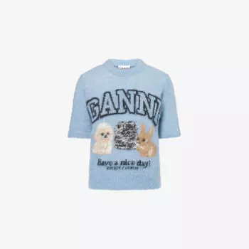 Вязаный топ Puppies Ganni из шерстяной смеси с логотипом, голубой