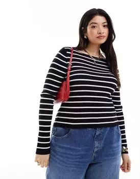 Вязаный топ с длинными рукавами и вырезом-лодочкой ASOS DESIGN Curve в черно-белую полоску