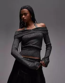 Вязаный топ с длинными рукавами и вырезом халтер в сером цвете Mango