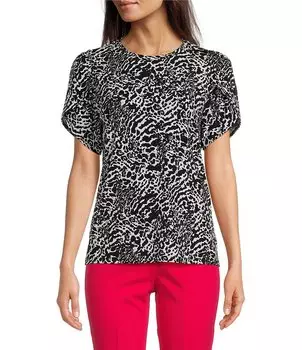 Вязаный топ с короткими рукавами и круглым вырезом MICHAEL Michael Kors Modern Ocelot, животный принт