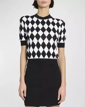 Вязаный топ с короткими рукавами и ромбовидной интарсией Balmain, цвет Blkwhite