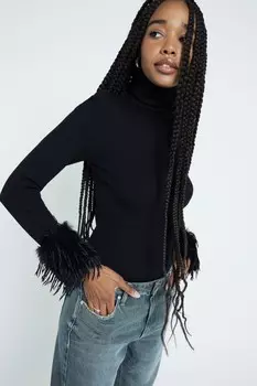 Вязаный топ с манжетами из перьев River Island, черный