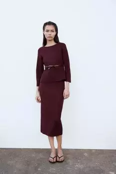 Вязаный топ с поясом ZARA, бордовый