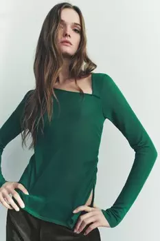 Вязаный топ с присборенными боковыми частями ZARA, зеленый