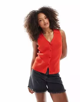 Вязаный топ с ребристым воротником ASOS DESIGN красного цвета