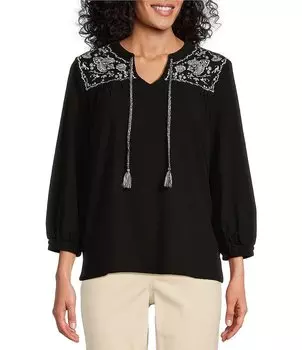 Вязаный топ с v-образным вырезом и рукавами 3/4 в западном направлении миниатюрного размера с вышивкой Westbound, черный