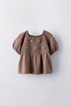 Вязаный топ с вышивкой в сборке ZARA, коричневый