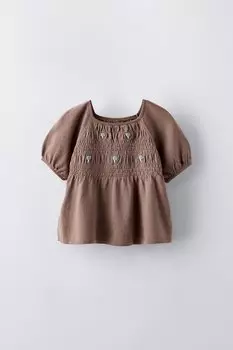 Вязаный топ с вышивкой в сборке ZARA, коричневый