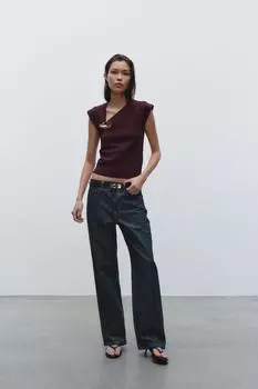 Вязаный топ с золотистой аппликацией ZARA, бордовый
